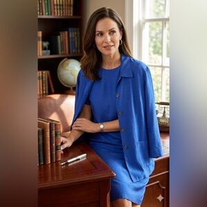 Vtg Nicole Summers 100% Silk Dress Jacket Suit Sz 8, NWT Blue, Made In Hong Kong